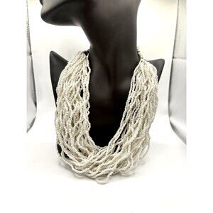 White MultiStrand Seed Bead Necklace Boho Ethnic Tribal